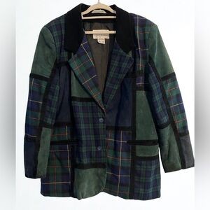 Vintage 90’s Brandon Thomas Plaid Leather Wool Blazer Green Blue Size 16T
